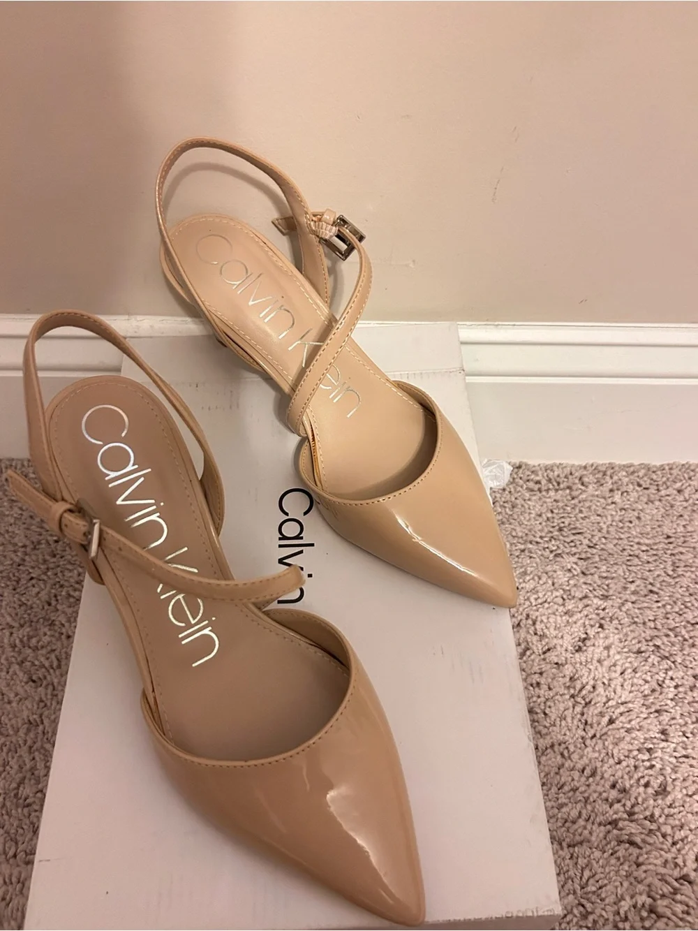 Calvin Klein Women's Beige Patent Pointed-Toe Slingback Heels